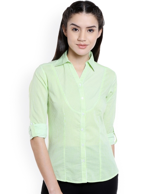 

Bombay High Women Green & Cream-Coloured Slim Fit Striped Casual Shirt
