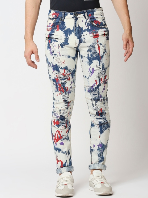 

WAIMEA Men White & Blue Skinny Fit Highly Distressed Bleached Stretchable Jeans