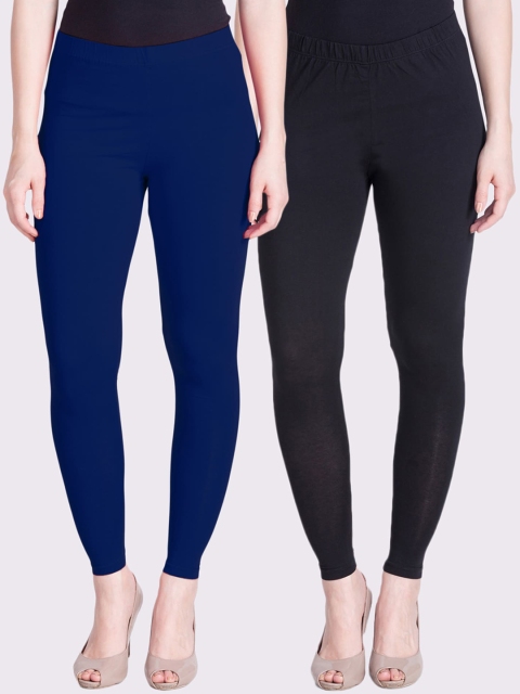 

LYRA Women Pack Of 2 Black & Blue Solid Ankle-Length Leggings