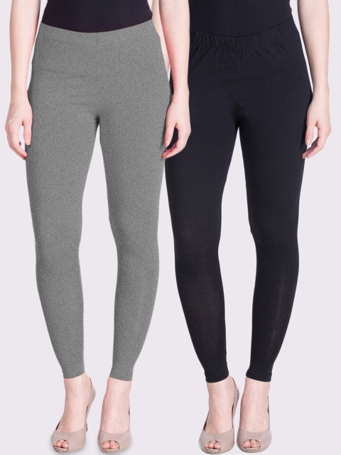 

LYRA Women Pack Of 2 Grey Melange & Black Solid Ankle-Length Leggings