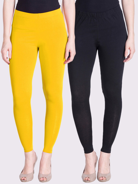 

LYRA Women Black & Yellow Pack of 2 Solid Ankle-Length Leggings