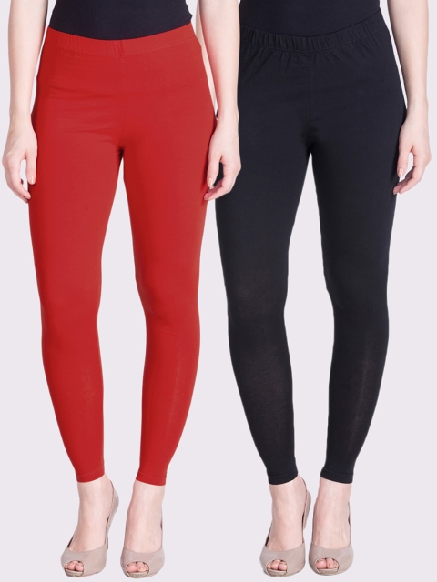 

LYRA Women Pack Of 2 Red & Black Solid Ankle Length Leggings