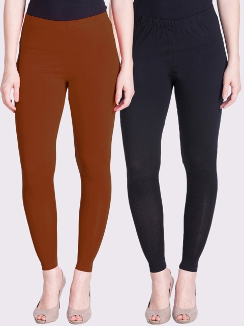 

LYRA Women Coral & Black Pack Of 2 Solid Ankle Length Leggings