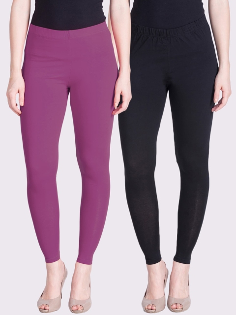 

LYRA Women Black & Mauve Pack Of 2 Solid Ankle-Length Leggings