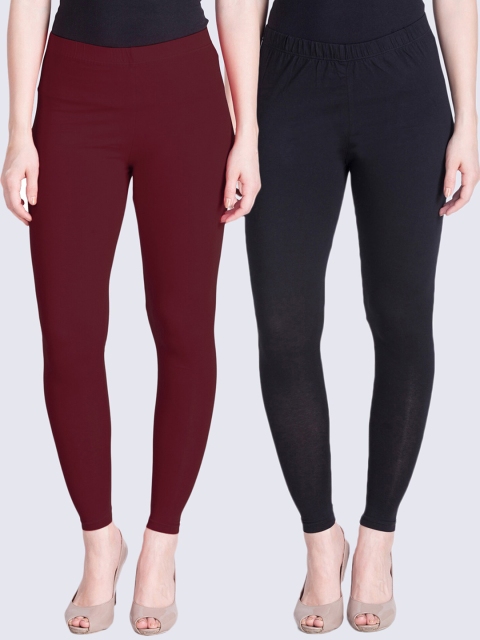 

LYRA Women Pack of 2 Maroon & Black Solid Ankle Length Legging