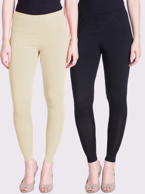 

LYRA Women Cream & Black Pack of 2 Solid Ankle-Length Leggings