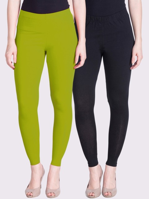 

LYRA Women Pack Of 2 Black & Lime Green Solid Ankle-Length Leggings