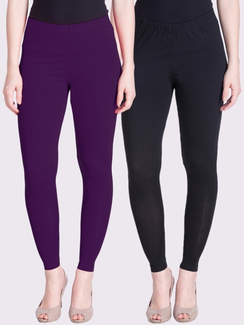 

LYRA Women Purple & Black Pack Of 2 Solid Ankle Length Leggings