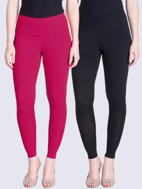

LYRA Women Black & Rose Pink Pack Of 2 Solid Ankle Length Leggings