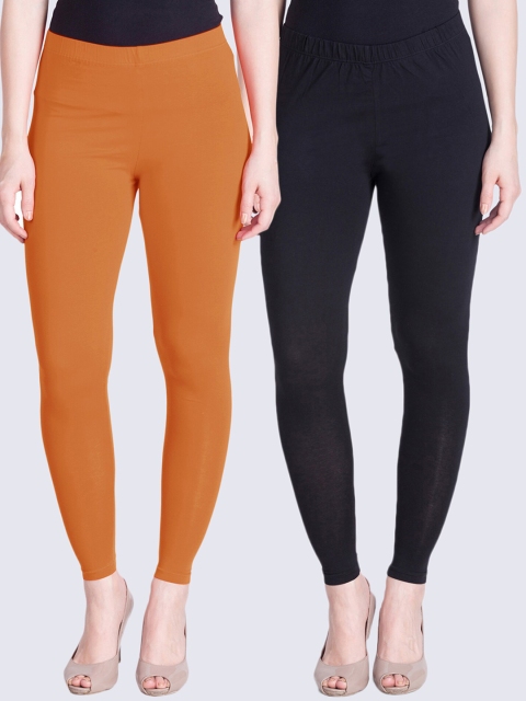 

LYRA Women Orange & Black Pack Of 2 Solid Ankle Length Leggings