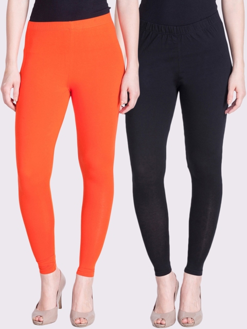 

LYRA Women Orange & Black Pack Of 2 Solid Leggings