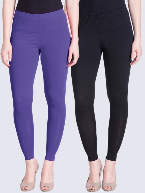

LYRA Women Black & Lavender Pack Of 2 Solid Ankle Length Leggings
