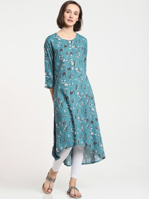 

Bewakoof Women Blue Floral Printed Keyhole Neck Flared Sleeves Thread Work Kurta