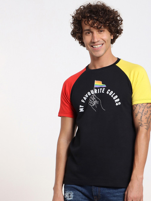 

Bewakoof Men Black & Yellow Colourblocked Cotton T-shirt