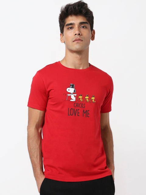 

Bewakoof Men Red & Black Snoopy Printed Pure Cotton T-shirt