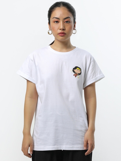 

Bewakoof Women White & Beige Wonder Woman Printed Pure Cotton T-shirt