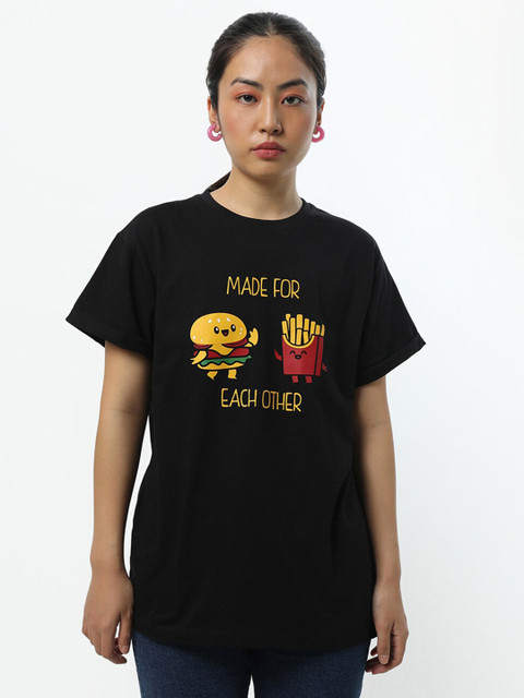 

Bewakoof Women Black & Yellow Typography Printed Pure Cotton T-shirt