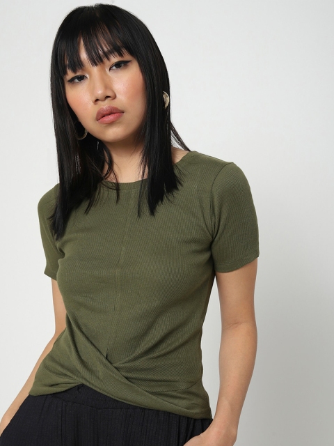 

Bewakoof Women Olive Green Solid Front Cross Cotton T-shirt