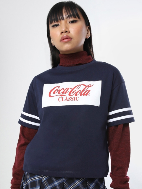 

Bewakoof Women Blue Printed High Neck Applique T-shirt