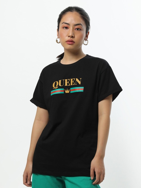 

Bewakoof Women Black & Mustard Yellow Printed Drop-Shoulder Sleeves Pure Cotton T-shirt
