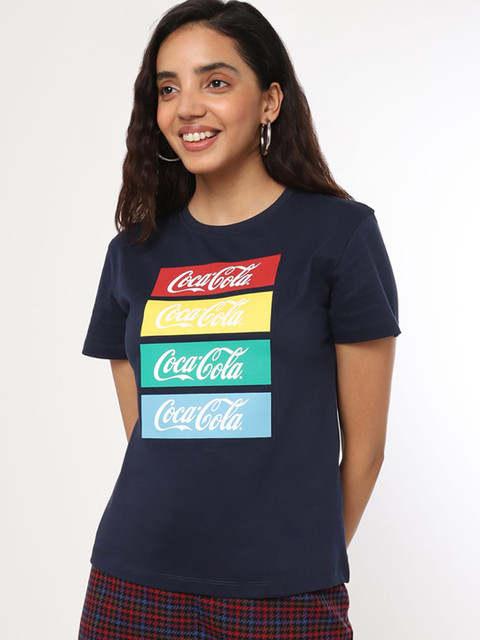 

Bewakoof Women Blue Printed Raw Edge T-shirt