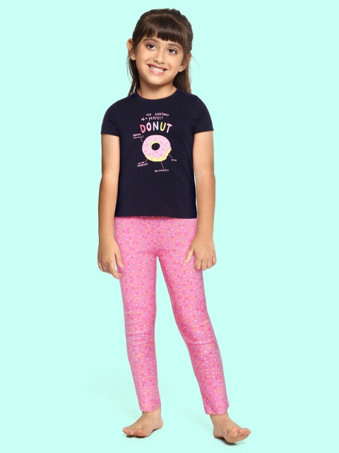 

Sweet Dreams Girls Navy Blue & Pink Donut Print Pure Cotton Pyjama Set