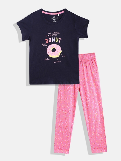 

Sweet Dreams Girls Navy Blue & Pink Donut Print Pure Cotton Pyjama Set