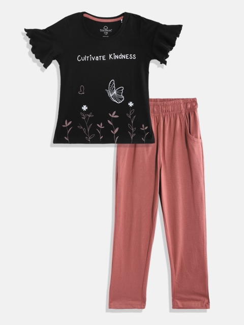 

Sweet Dreams Girls Black & Rose Pink Printed Pure Cotton Pyjama Set