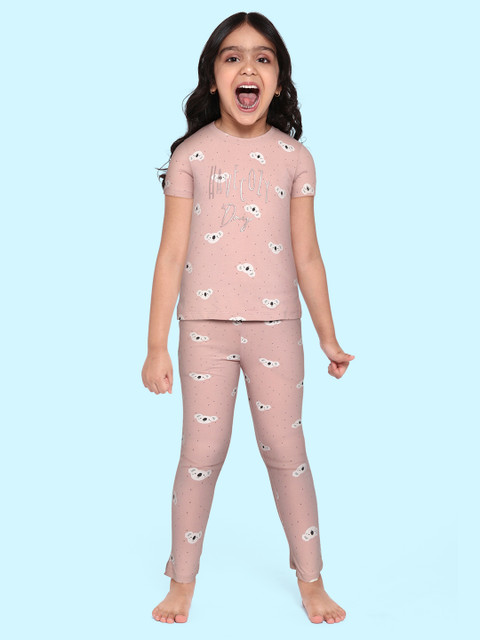 

Sweet Dreams Girls Pink & White Printed Pure Cotton Pyjama Set