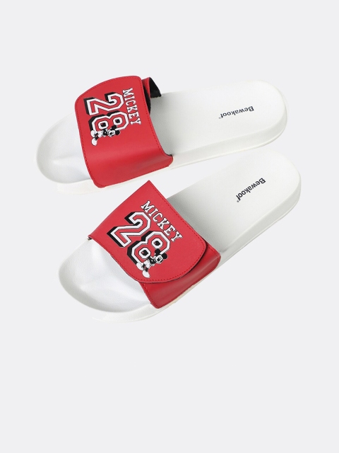 

Bewakoof Men Red & White Mickey Mouse Printed Lightweight Adjustable Sliders