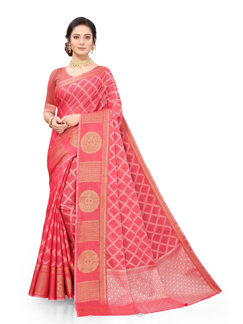 

Viva N Diva Pink & White Woven Design Zari Linen Blend Saree