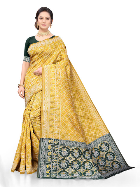 

Viva N Diva Mustard & White Ethnic Motifs Silk Blend Patola Saree