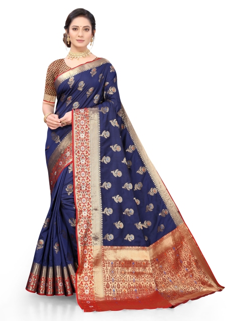 

Viva N Diva Navy Blue & Orange Ethnic Motifs Zari Silk Blend Saree