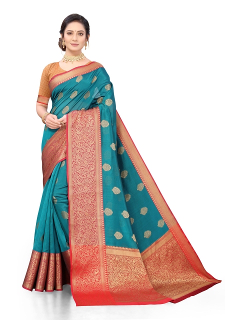 

Viva N Diva Turquoise Blue & Red Ethnic Motifs Zari Silk Blend Saree