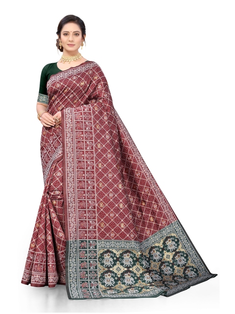 

Viva N Diva Maroon & White Ethnic Motifs Zari Silk Blend Patola Saree