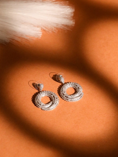 

shaze Rhodium-Plated Silver-Toned & White Circular Drop Earrings