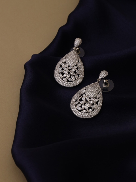 

shaze Rhodium-Plated Silver-Toned & White Teardrop Shaped Drop Earrings