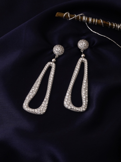 

shaze Silver-Toned Classic Rhodium-Plated Cubic Zirconia Drop Earrings