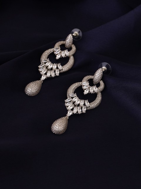 

shaze Rhodium-Plated Silver-Toned & White Teardrop Shaped Drop Earrings