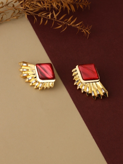 

shaze Rhodium-Plated Gold-Toned & Red Contemporary Drop Earrings