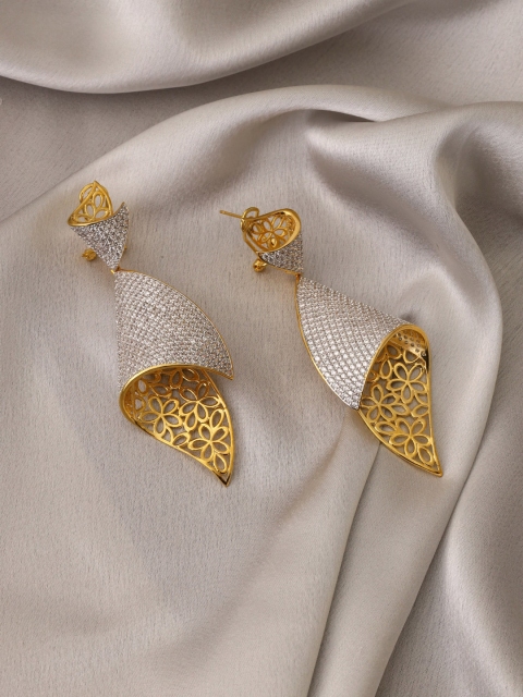 

shaze Rhodium-Plated Gold-Toned & White Folded Net Drop Earrings