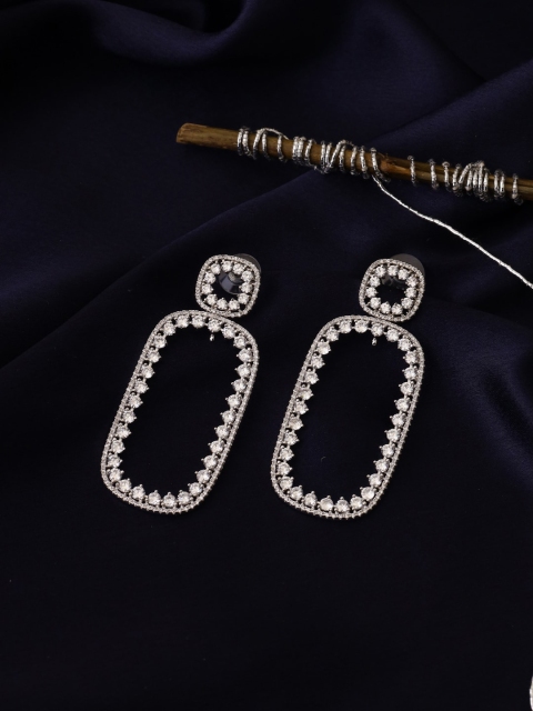 

shaze Rhodium-Plated Silver-Toned & White Geometric Drop Earrings