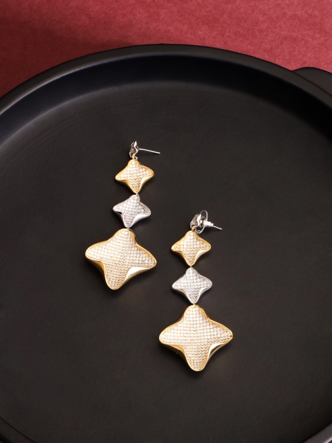 

shaze Rhodium-Plated Gold-Toned & Silver-Toned Contemporary Drop Earrings