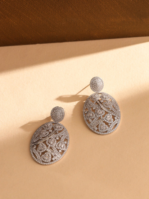 

shaze Silver-Toned Rhodium-Plated Cubic Zirconia Classic Drop Earrings