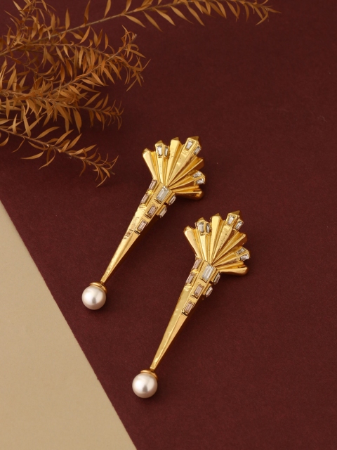 

shaze Rhodium-Plated Gold-Toned & White Contemporary Drop Earrings
