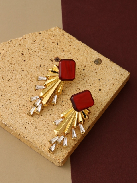 

shaze Women Gold-Toned & Red Cubic Zirconia Studded Drop Earrings