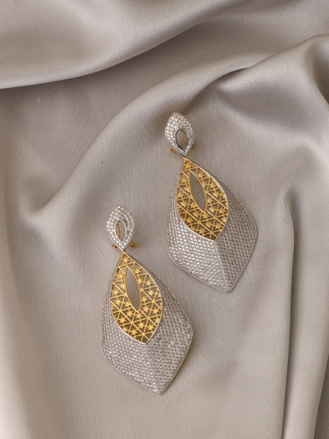 

shaze Gold-Toned Rhodium-Plated Cubic Zirconia Classic Drop Earrings
