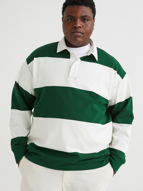 

H&M Men Green & White Colourblocked Pure Cotton Oversized Fit Rugby Shirt
