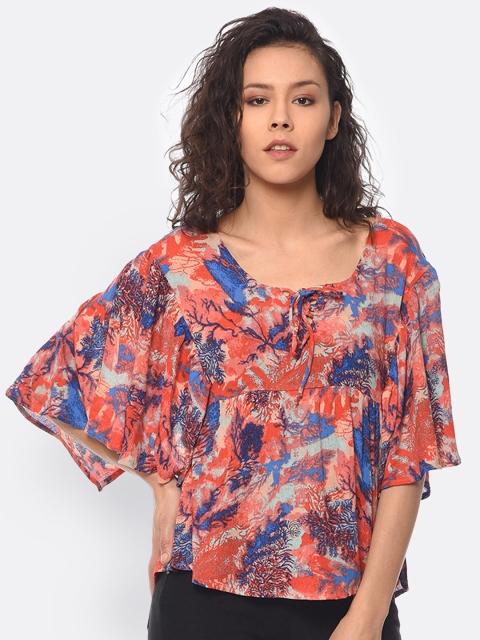 

PURYS Orange & Blue Printed Tie-Up Neck Kaftan Top
