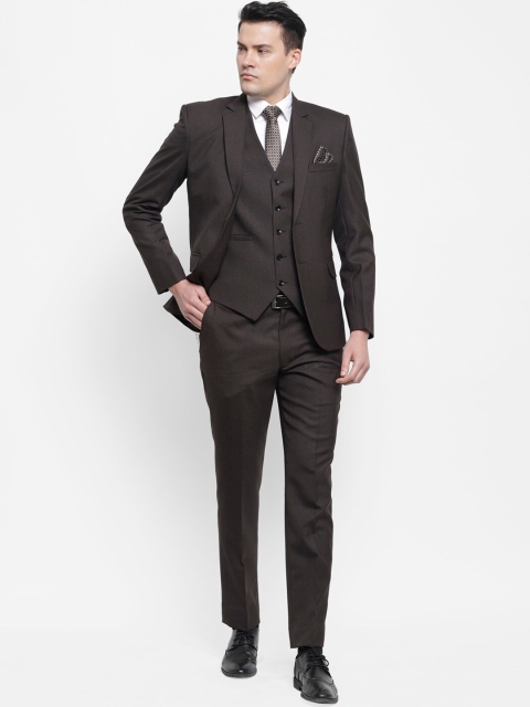 

LUXURAZI Men Brown Solid Single-Breasted Slim-Fit 3-Piece Formal Suit